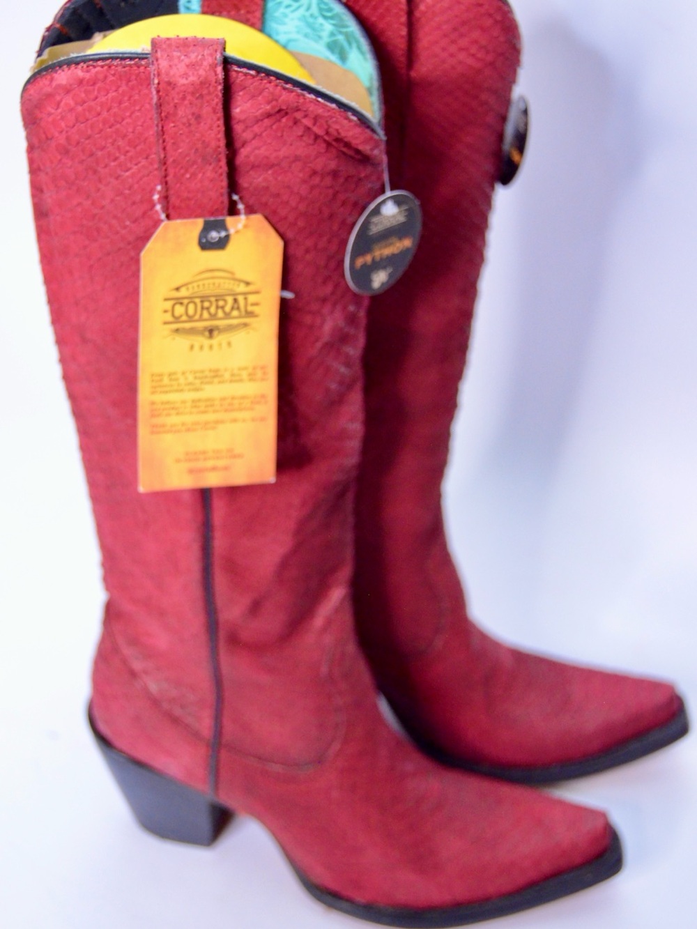 Corral Boots Genuine Red Full Python Tall Top Snip Toe Zippered with New/wBox - Picture 1 of 11